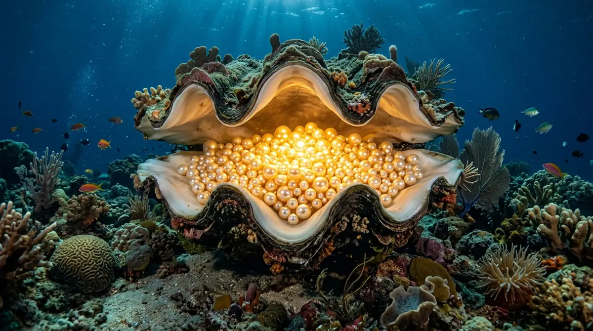 Giant clam shell with glowing pearls